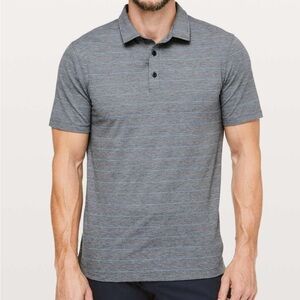 Lululemon Athletica Evolution Polo Shirt, gray with light blue stripe, sz L